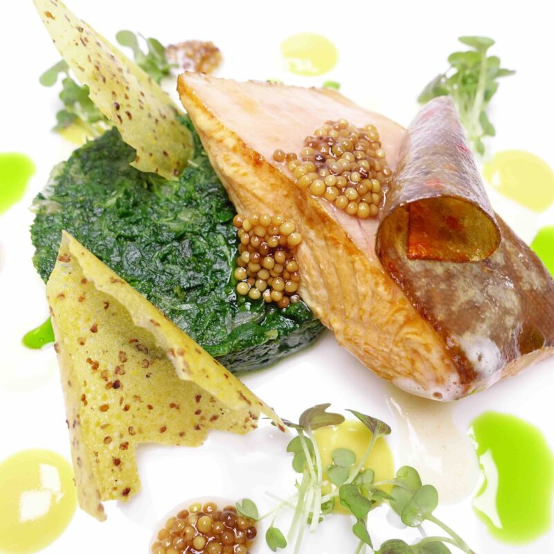 Geräucherter Saibling, Endivien, Senf servierfertig auf einem Teller von nah dran