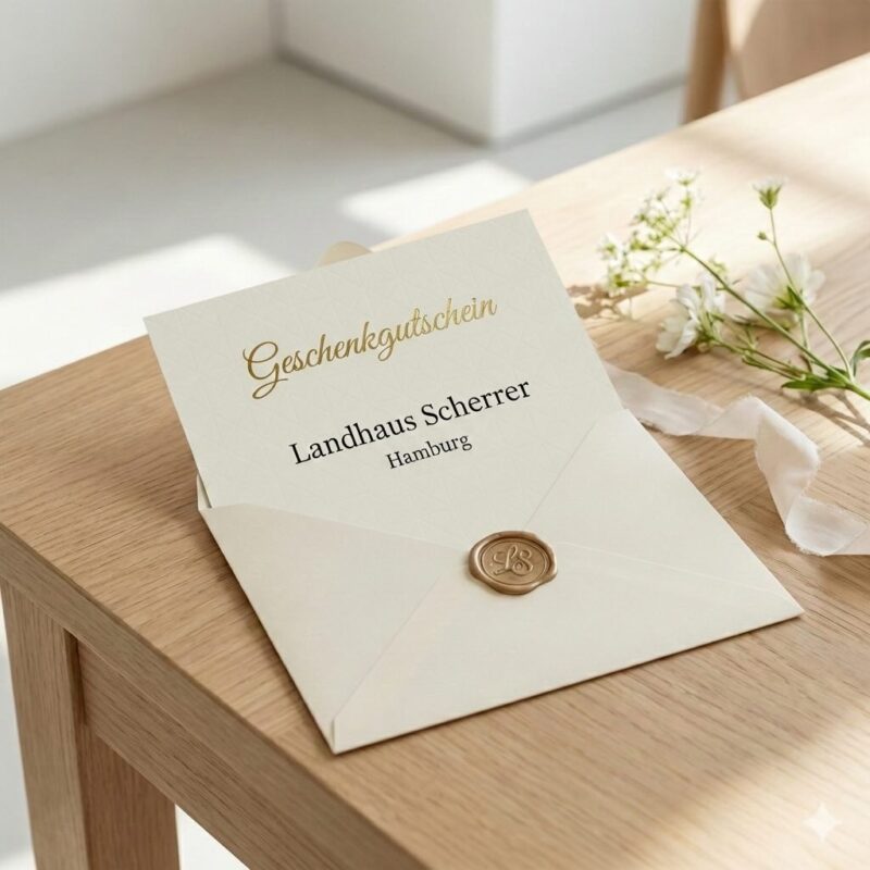 Gutschein in einem weißen Umschlag auf einem Holztisch, neben einer Blume